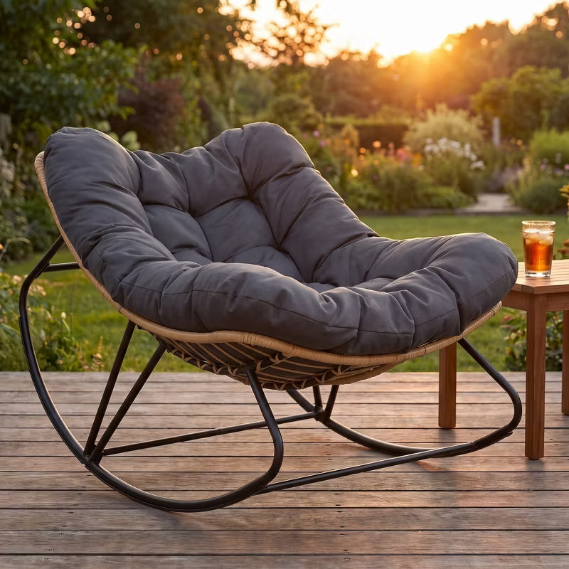 Papasan Rocking Chair with Cushion (Indoor/Outdoor), All-Weather Wicker Rattan Lounge Rocker for Living Room, Balcony, or Porch