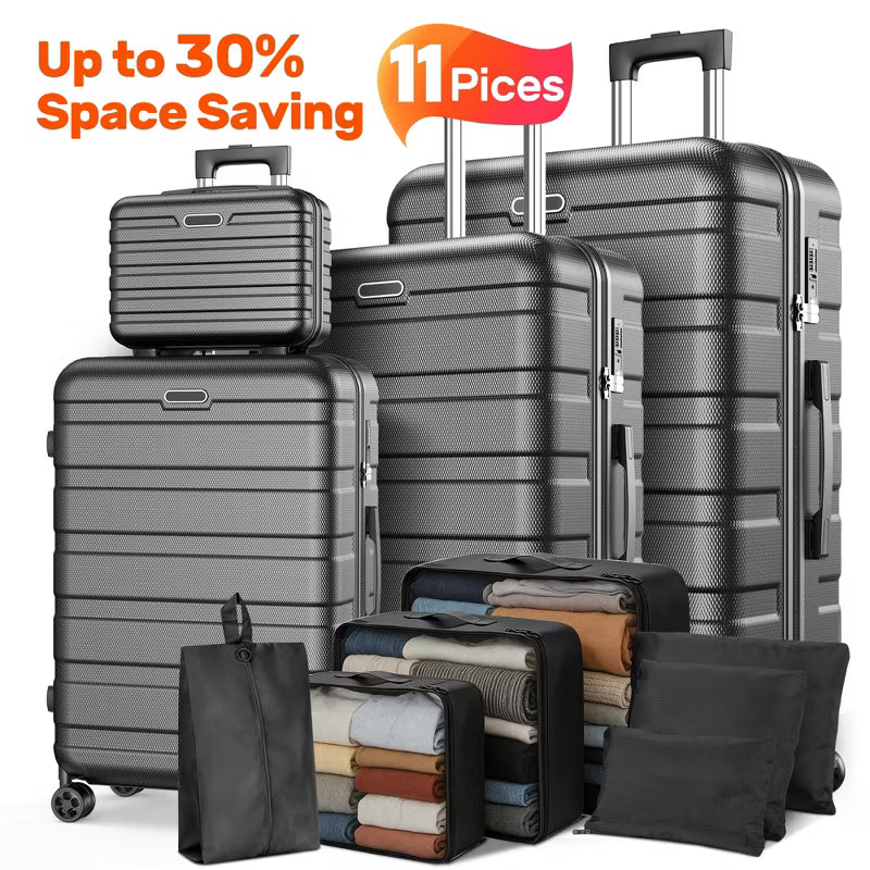 Clearance — 11 PCS Hardshell Luggage Set with Spinner Wheels, Carry-On & Checked Suitcases, Lightweight ABS Hard Shell, Password Lock, Multiple Sizes