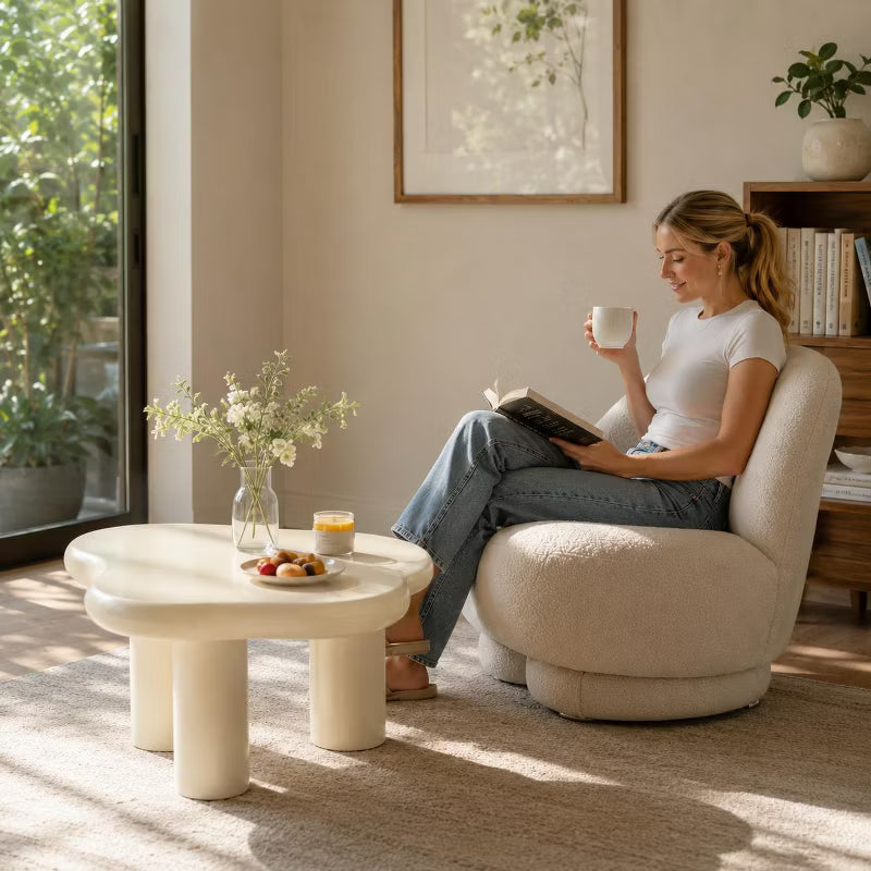 Cloud Coffee Table, 34" Modern Cream White Wood Coffee Table with 3 Legs, Cloud-Shaped Accent Center Table for Living Room, Bedroom, Balcony