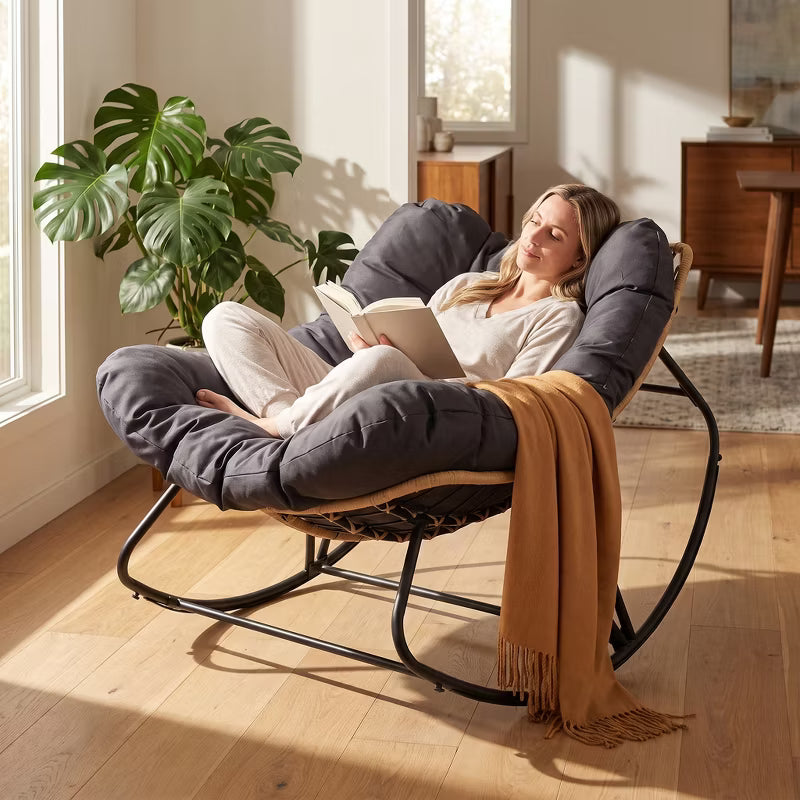 Papasan Rocking Chair with Cushion (Indoor/Outdoor), All-Weather Wicker Rattan Lounge Rocker for Living Room, Balcony, or Porch