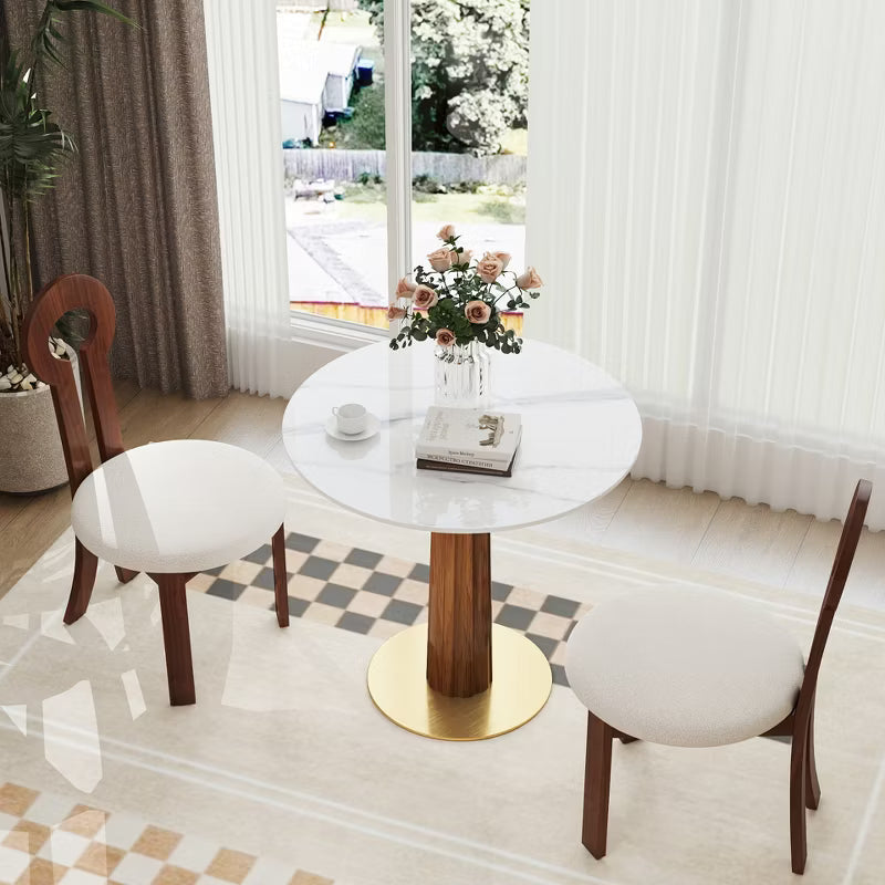 LauKingdom 33.5in Soft White Marble Sintered Stone Round Dining Table for 2 Walnut Pedestal Base for Apartment Dorm Room Essentials and Breakfast Nook