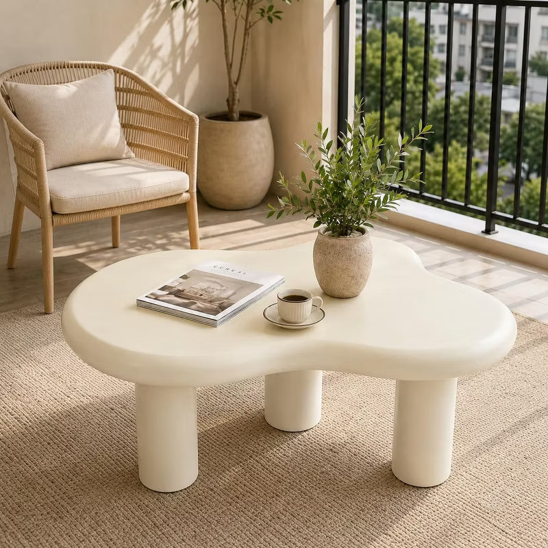 Cloud Coffee Table, 34" Modern Cream White Wood Coffee Table with 3 Legs, Cloud-Shaped Accent Center Table for Living Room, Bedroom, Balcony