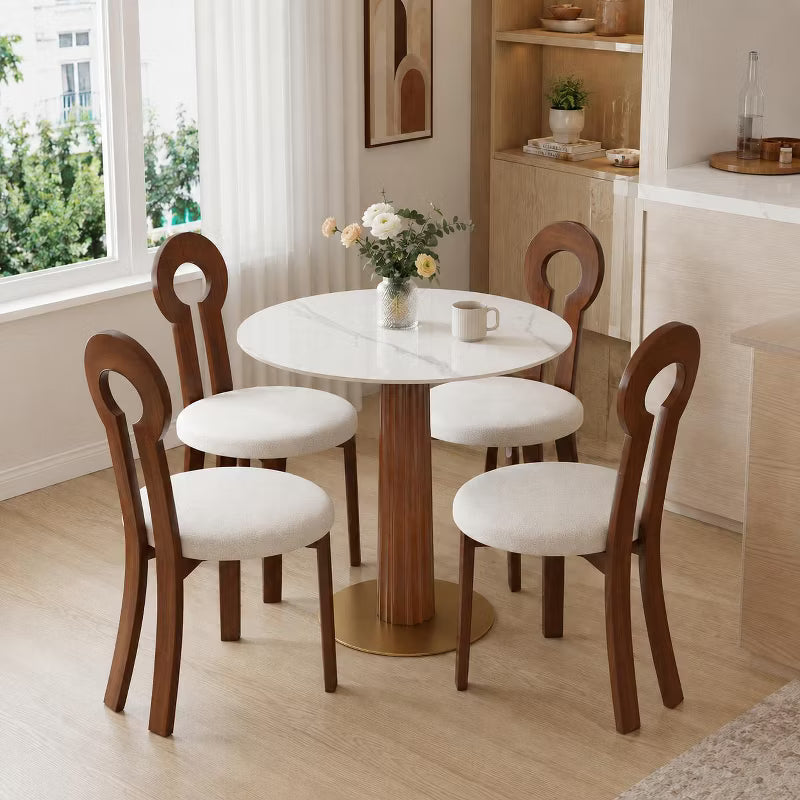 LauKingdom 33.5in Soft White Marble Sintered Stone Round Dining Table for 2 Walnut Pedestal Base for Apartment Dorm Room Essentials and Breakfast Nook
