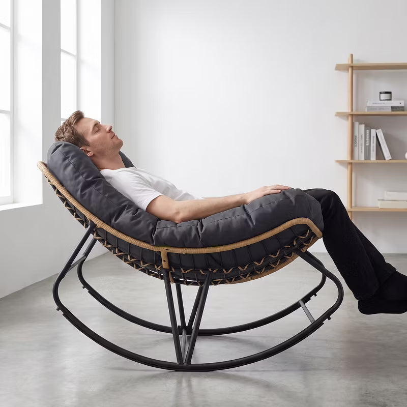 Papasan Rocking Chair with Cushion (Indoor/Outdoor), All-Weather Wicker Rattan Lounge Rocker for Living Room, Balcony, or Porch
