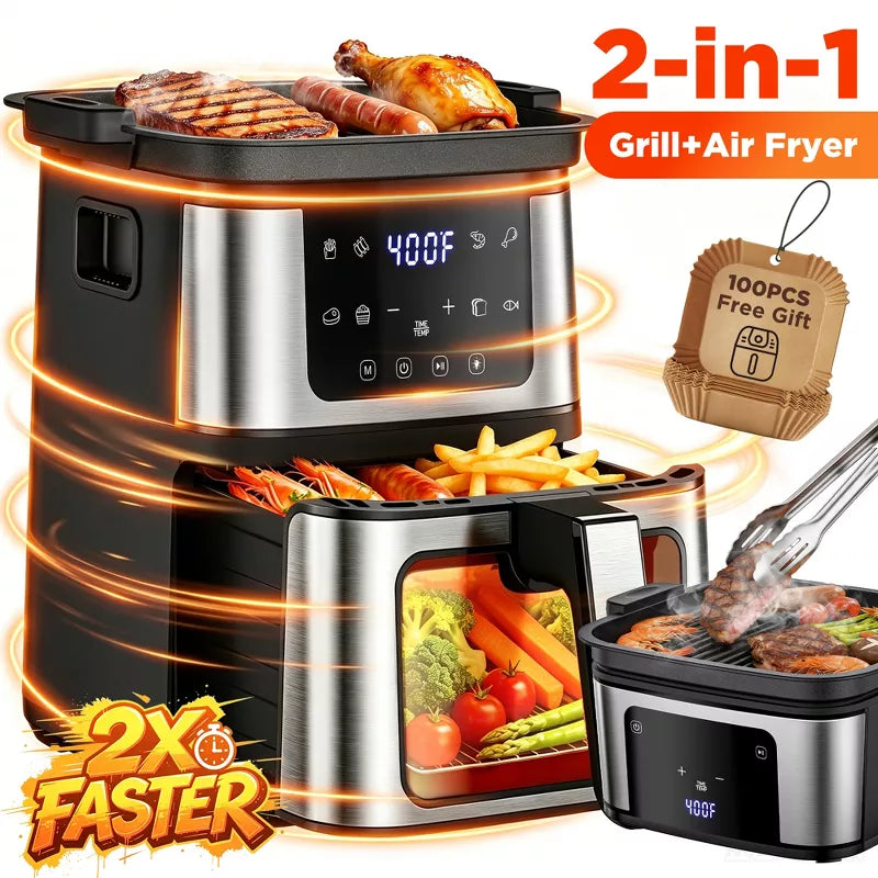 2-in-1 Air Fryer & Grill, 2X Faster Cooking, 7.5 QT Air Fryer, Nonstick Basket + 100 Liners, 8 Present Cookings Air Fryer,Black