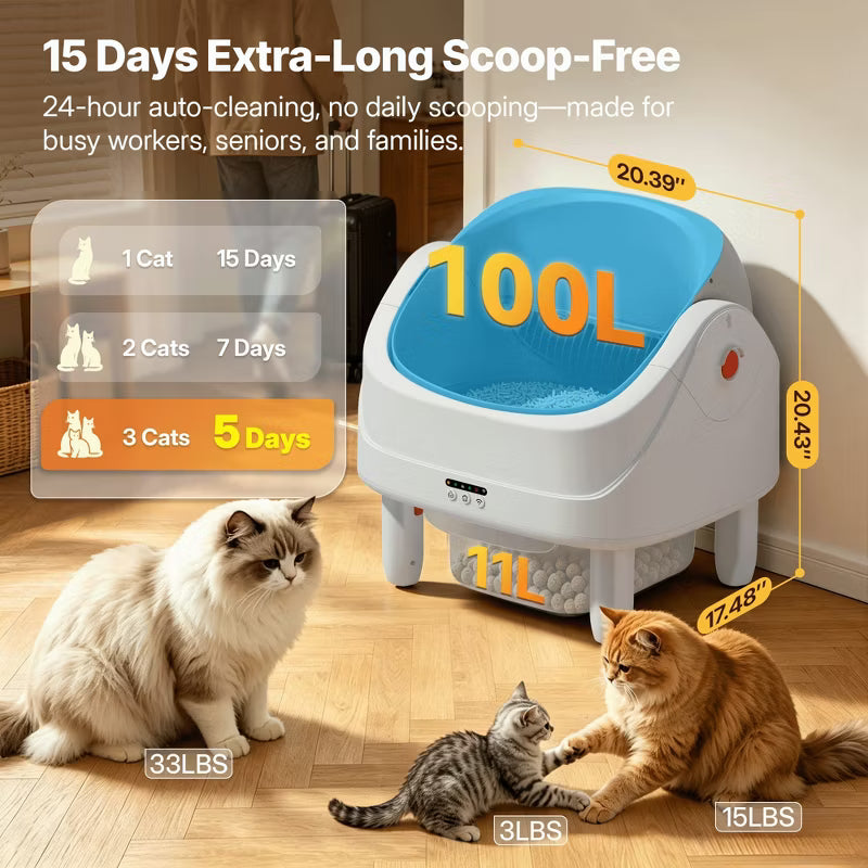 Self Cleaning Litter Box with Smart APP Control, 111L Large Capacity Barrel, Safety Sensors, Open Top Design, Automatic Litter Box for Multiple Cats