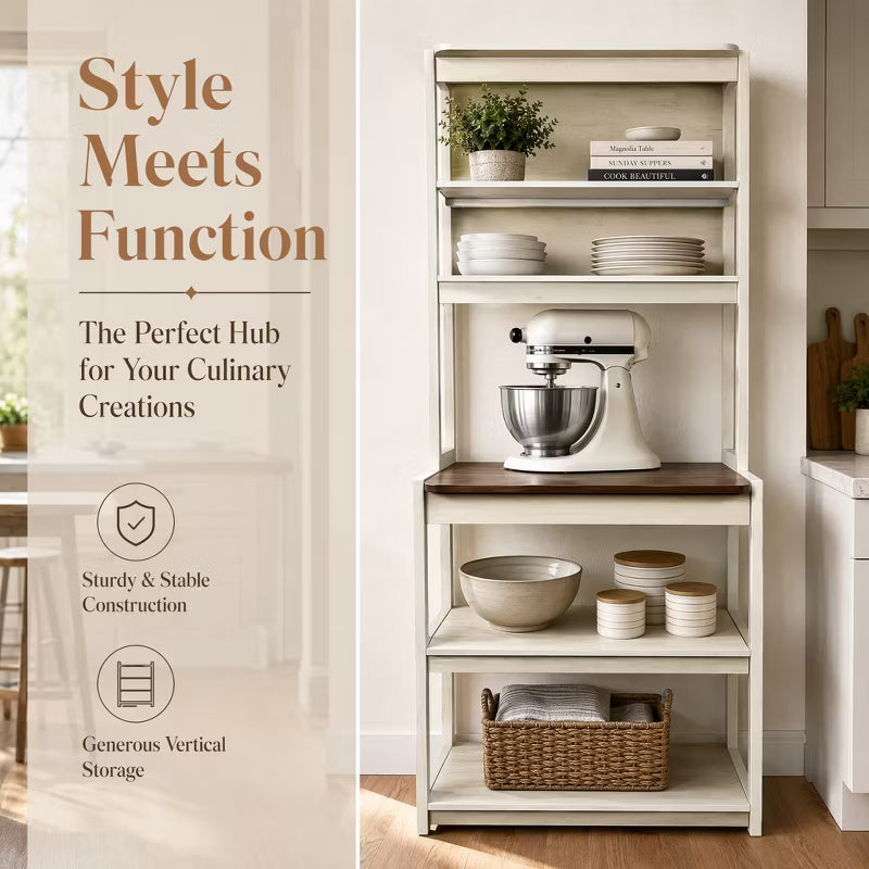 LauKingdom 5-Tier Bakers Rack for Kitchen Storage, 31.5" Locker Shelf, Coffee Bar, Dish Rack, Spice Rack,Dish Drying Rack for Kitchen, White and Black