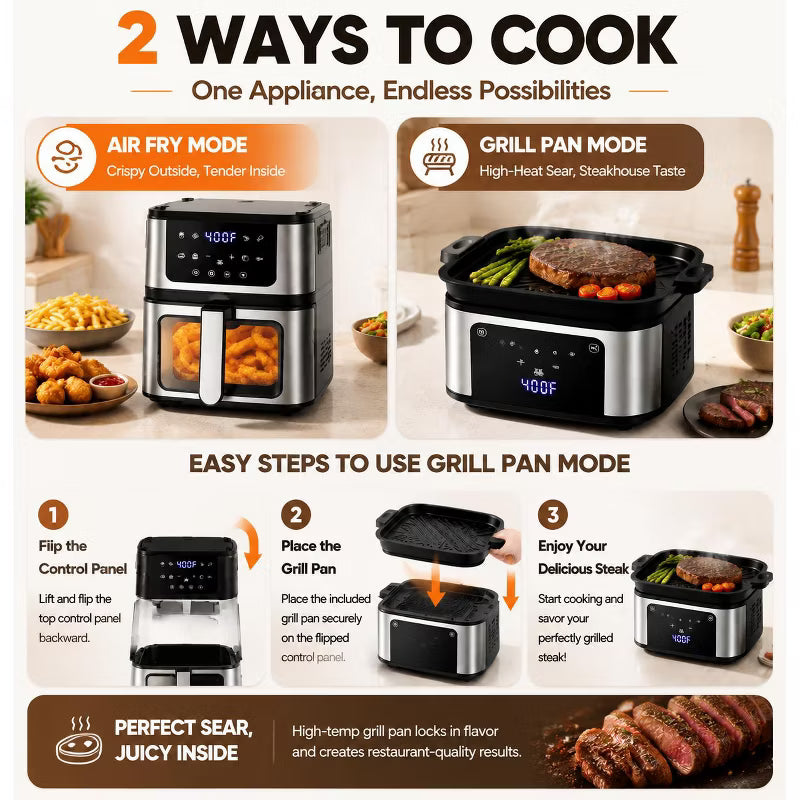 2-in-1 Air Fryer & Grill, 2X Faster Cooking, 7.5 QT Air Fryer, Nonstick Basket + 100 Liners, 8 Present Cookings Air Fryer,Black