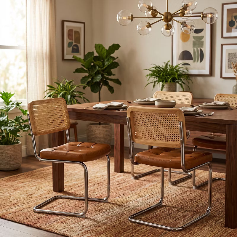 LauKingdom Set of 2 Cognac Brown Cantilever Dining Chairs Faux Leather Rattan Breuer Chairs for Japandi Kitchen & Warm Minimalist Dining Rooms