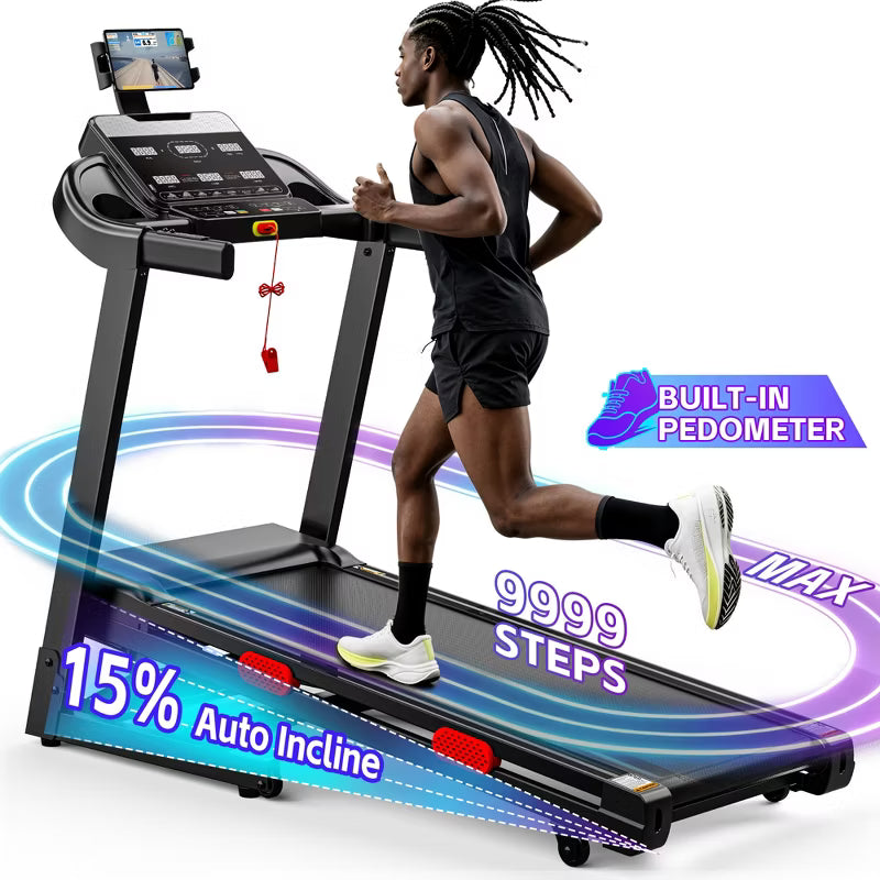 15% Auto Incline Folding Treadmill, 0.6-9MPH, 95 Programs, Heart Rate Monitor & Tablet Holder, Heavy Duty Home Running Machine, 350lbs Max Load