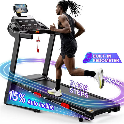 15% Auto Incline Folding Treadmill, 0.6-9MPH, 95 Programs, Heart Rate Monitor & Tablet Holder, Heavy Duty Home Running Machine, 350lbs Max Load