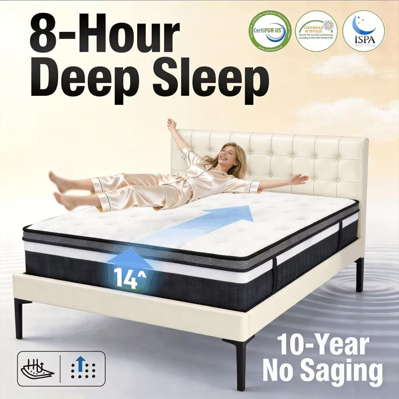 14 Inch Queen Hybrid Mattress in a Box, Anti Static, Medium Firm, Cooling Breathable Gel Memory Foam, CertiPUR-US Certified, White