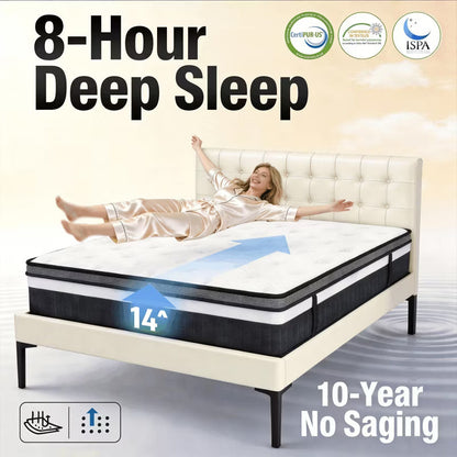 14 Inch Queen Hybrid Mattress in a Box, Anti Static, Medium Firm, Cooling Breathable Gel Memory Foam, CertiPUR-US Certified, White