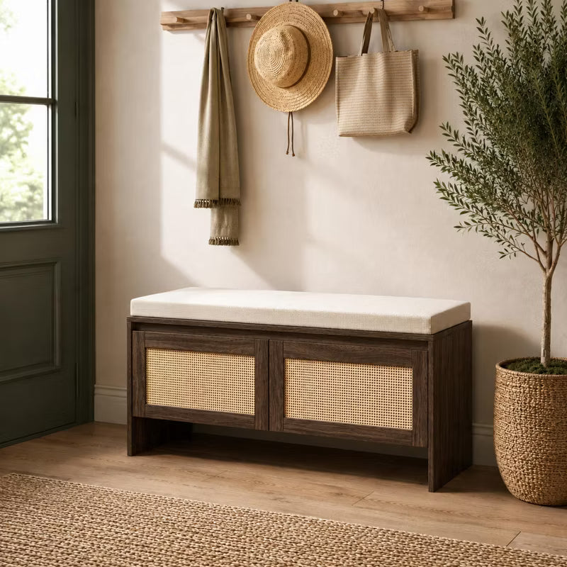 LauKingdom Storage Bench with Cushion, Faux Rattan Shoe Cabinet with 2 Doors, for Bedroom, Hallway, Mudroom, Natural Finish, PP Rattan