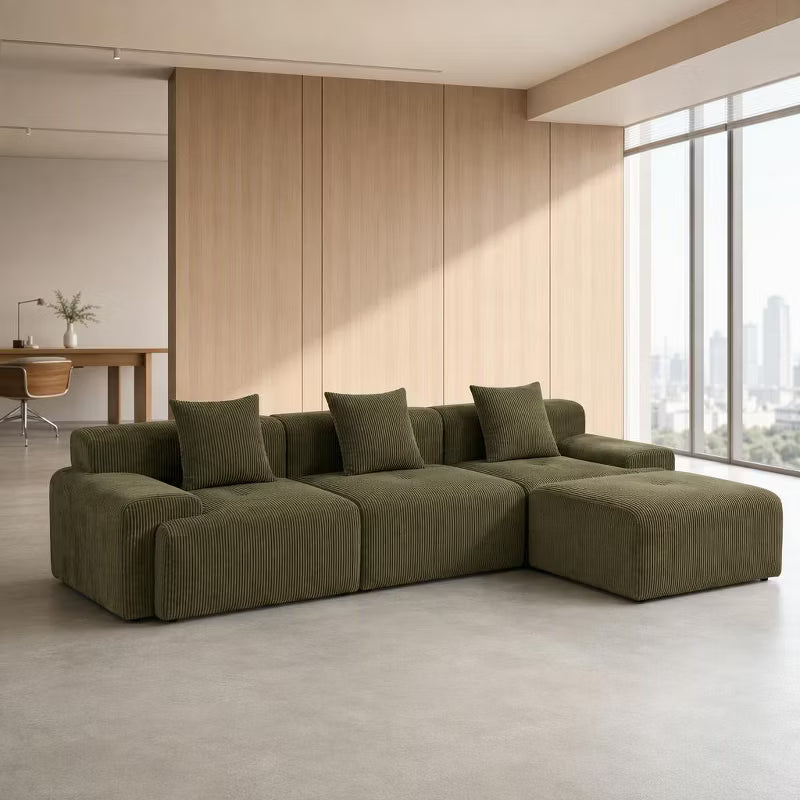 118" Corduroy Modular Cloud Sectional Sofa with Movable Ottoman, Deep Seat Convertible L-Shape Boneless Couch, No Assembly for Living Room & Apartment