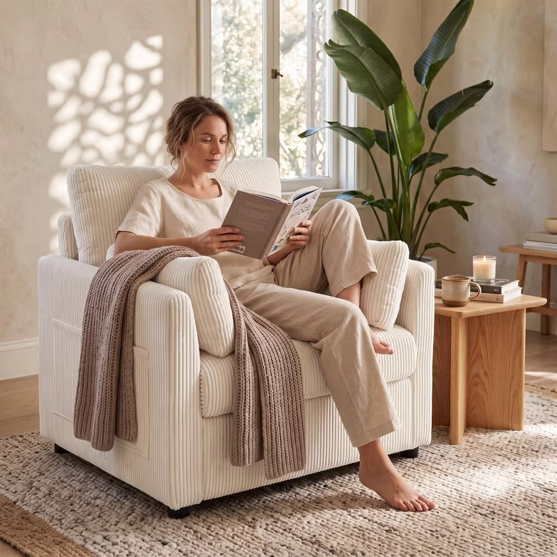 37.75" Corduroy Accent Chair with Side Pockets, Modern Upholstered Wide Single Sofa Armchair with 2 Pillows for Bedroom, Living Room, Dorm, Apartment