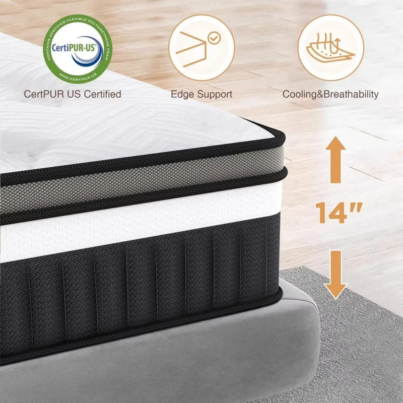 14 Inch Queen Hybrid Mattress in a Box, Anti Static, Medium Firm, Cooling Breathable Gel Memory Foam, CertiPUR-US Certified, White