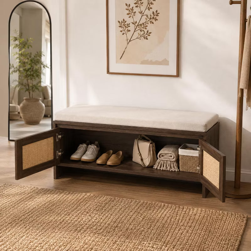 LauKingdom Storage Bench with Cushion, Faux Rattan Shoe Cabinet with 2 Doors, for Bedroom, Hallway, Mudroom, Natural Finish, PP Rattan