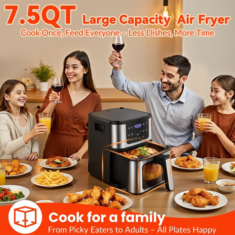 7.5 QT Air Fryer Clearance: 8-in-1 Digital Hot Air Oven with Window & Light, Space Saving Design, Dishwasher-Safe Parts, 100 Liners, Black