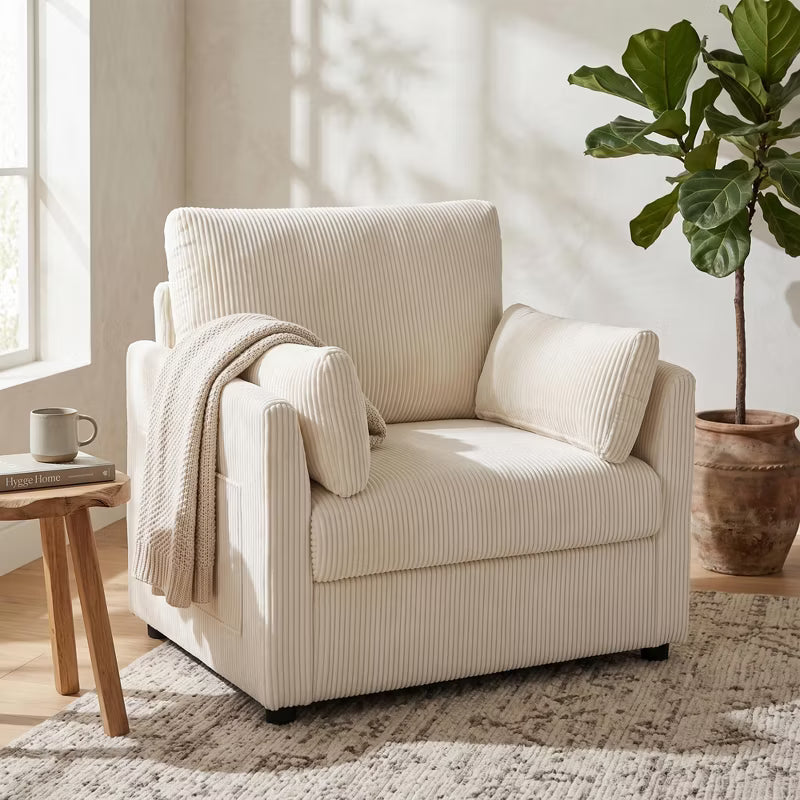 37.75" Corduroy Accent Chair with Side Pockets, Modern Upholstered Wide Single Sofa Armchair with 2 Pillows for Bedroom, Living Room, Dorm, Apartment