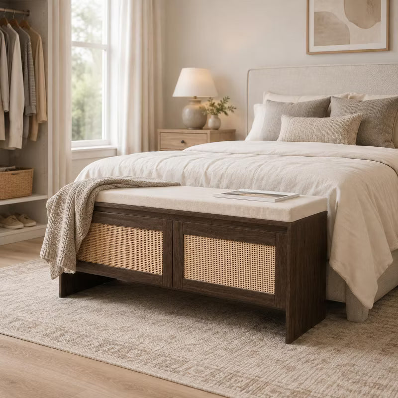 LauKingdom Storage Bench with Cushion, Faux Rattan Shoe Cabinet with 2 Doors, for Bedroom, Hallway, Mudroom, Natural Finish, PP Rattan