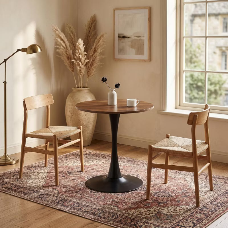 Modern 24" Round Tulip Dining Table, Mid Century Wood Grain MDF Top with Matte Iron Base for Kitchen & Living Room, Walnut