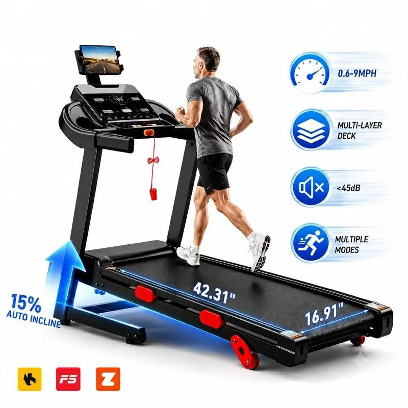 3.8HP Folding Treadmill for Home, 15% Auto Incline Running Machine, 9 MPH Speed, 105 Programs, Bluetooth Speakers, 330 LBS Capacity