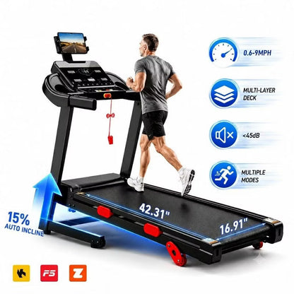 3.8HP Folding Treadmill for Home, 15% Auto Incline Running Machine, 9 MPH Speed, 105 Programs, Bluetooth Speakers, 330 LBS Capacity