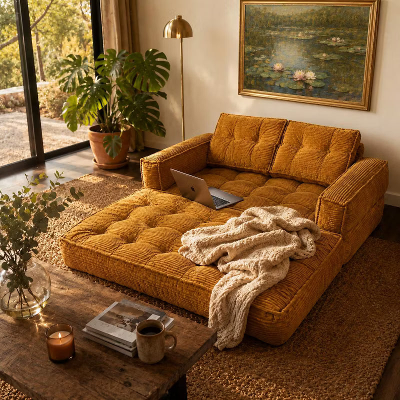 LauKingdom 51" 2-Seater Modular Corduroy Sofa with Chaise Lounge Amber Orange Convertible Floor Couch for Small Apartments & Living Room