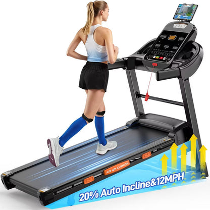 400LB Capacity Treadmill,5HP Foldable Treadmill w/ 20% Auto Incline,12MPH Portable Treadmill for Home,Fun Workouts w/APP,105 Programs,Shock Absorption