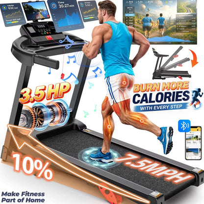 Smart Treadmill with APP Control & Bluetooth, 3.5HP Brushless Motor, Folding Running Machine 300lbs Weight Capacity, 10% Incline, 71 Programs