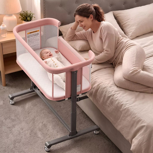 Baby Bassinet Bedside Sleeper with Wheels, Adjustable Height and Mesh Sides