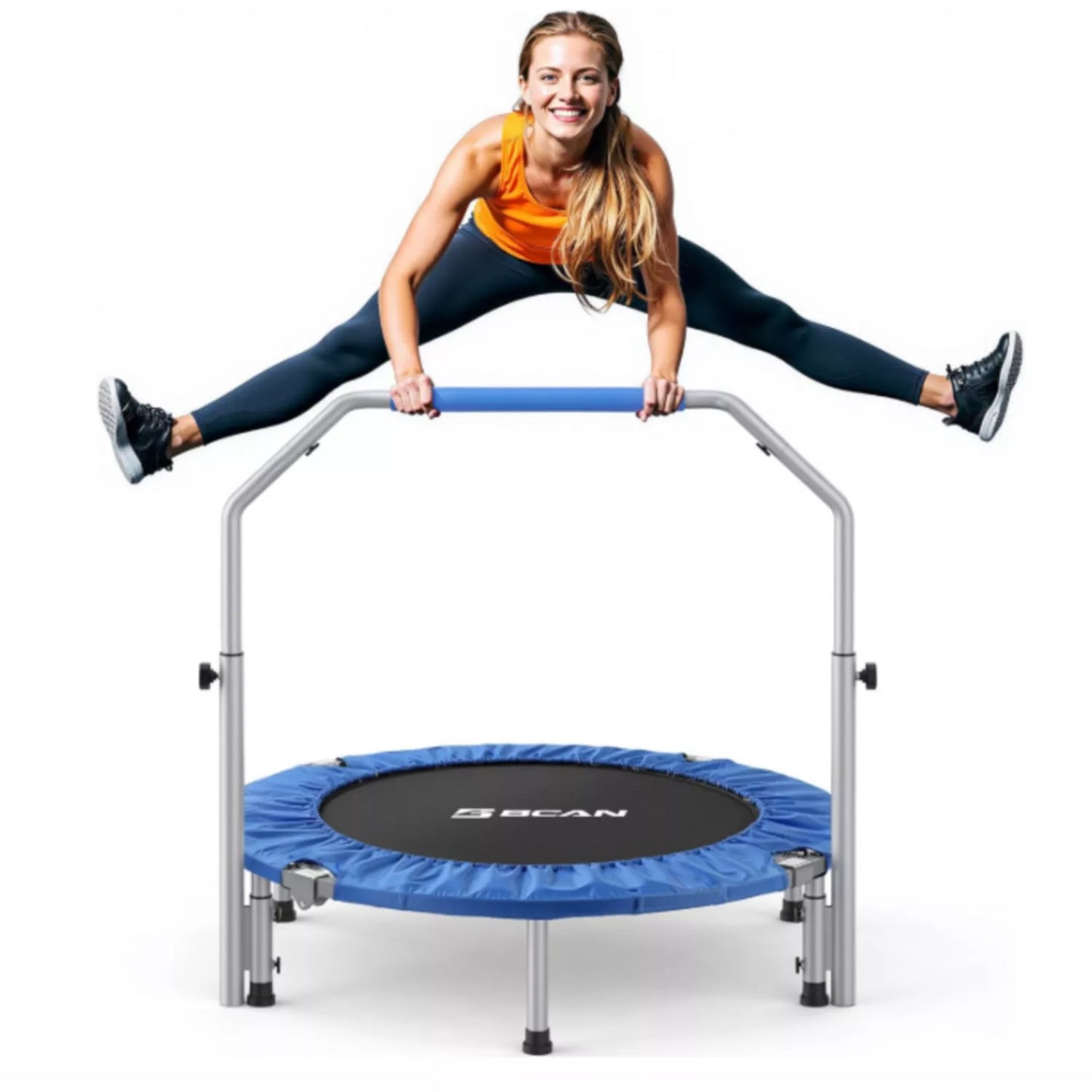 SP2 40" Blue Foldable Mini Trampoline, 330lbs Capacity, Adjustable Foam Handle, Indoor/Garden Fitness Rebounder