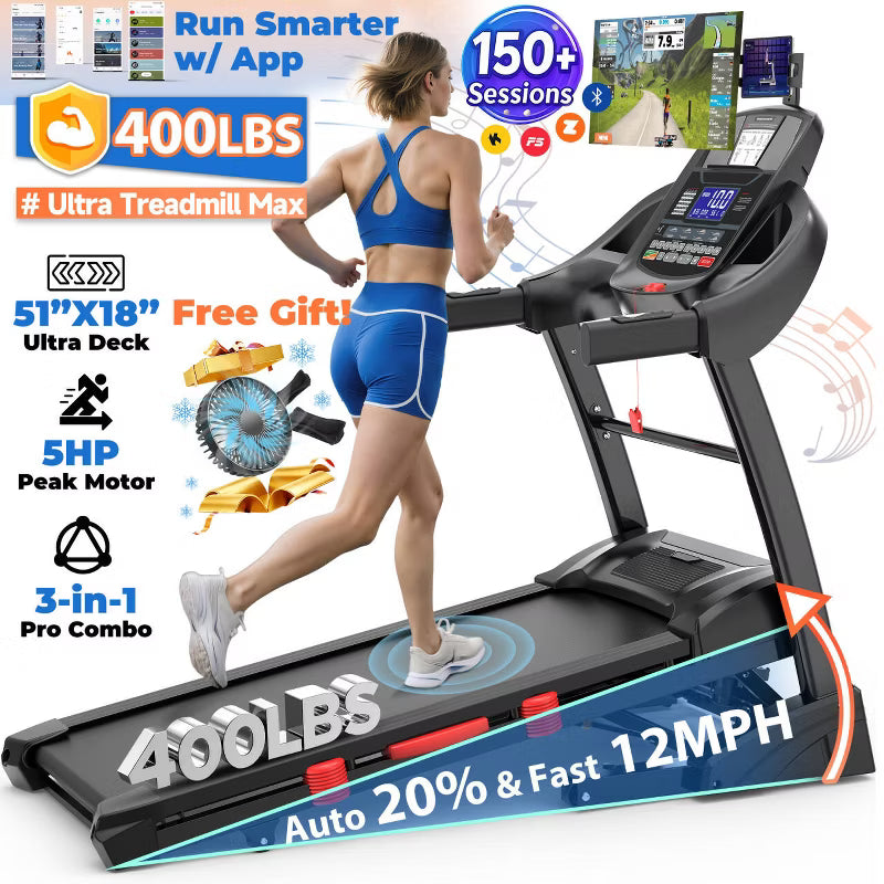 5HP Foldable Treadmill for Home w/ 15% Auto Incline, 400lbs Capacity, 10MPH Portable Treadmill, 64+7 Programs, Personalized Workout with APP
