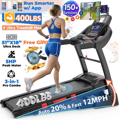 5HP Foldable Treadmill for Home w/ 15% Auto Incline, 400lbs Capacity, 10MPH Portable Treadmill, 64+7 Programs, Personalized Workout with APP