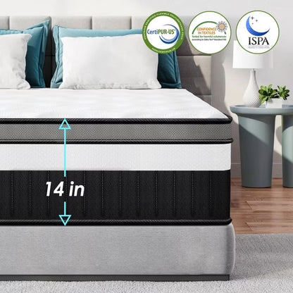 Queen Mattress in a Box - 14 inch Queen Size Mattress Gel-Infused Memory Foam & Pocket Coils, Medium-Firm, Cooling, CertiPUR-US Certified