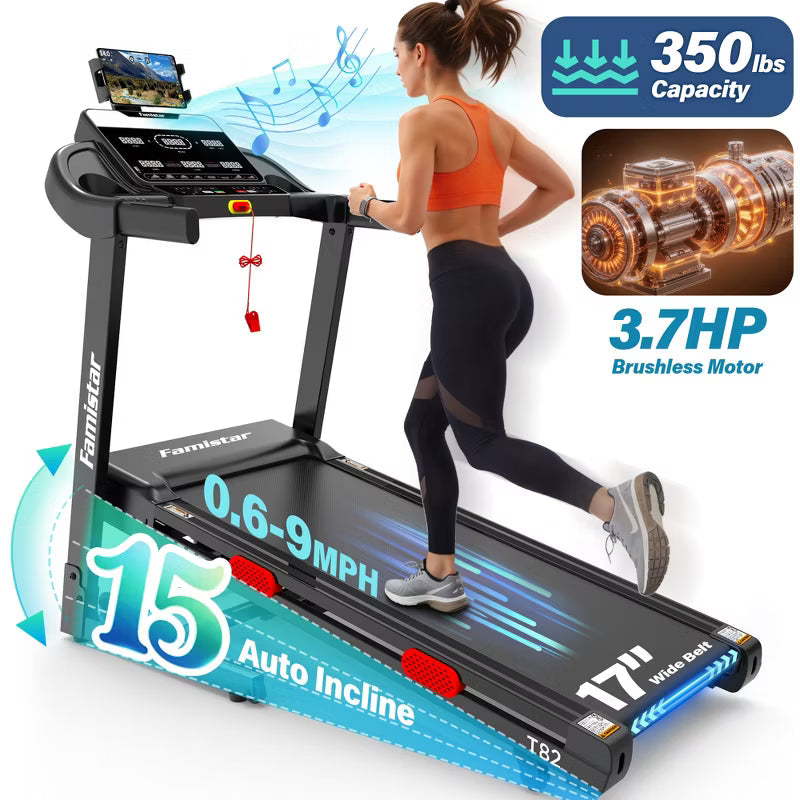 Folding Walking Pad Treadmill with 15% Auto Incline, 3.7HP Brushless Motor, 350 lbs Capacity, Quiet Treadmill for Home, 17” Wide Belt
