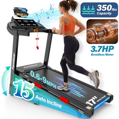 Folding Walking Pad Treadmill with 15% Auto Incline, 3.7HP Brushless Motor, 350 lbs Capacity, Quiet Treadmill for Home, 17” Wide Belt