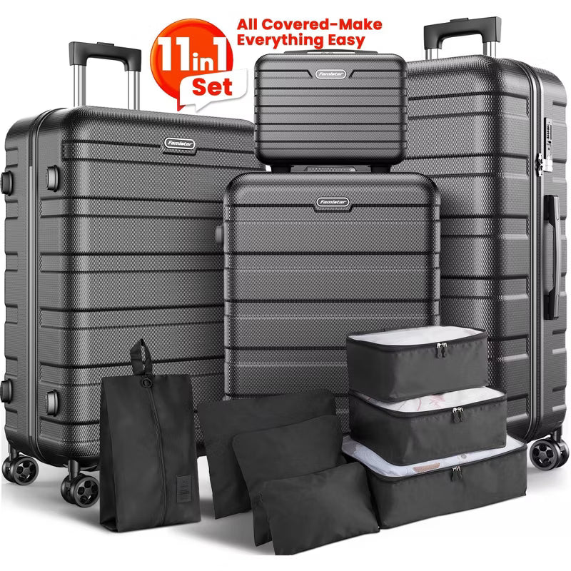 Famistar 11 Piece Hardside Luggage Suitcase Set with 360° Double Spinner Wheels (14/20/24/28 inch) Black