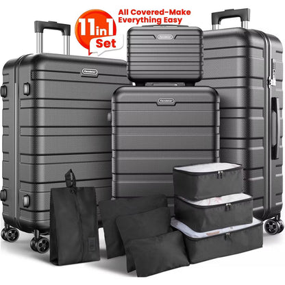 Famistar 11 Piece Hardside Luggage Suitcase Set with 360° Double Spinner Wheels (14/20/24/28 inch) Black