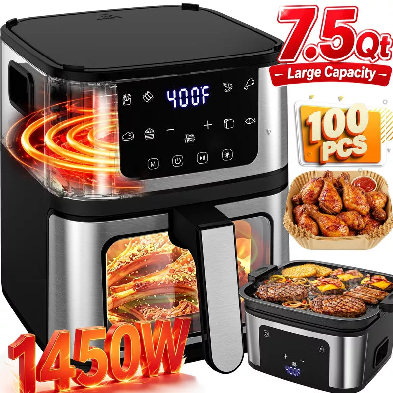 Air Fryer Clearance Sale,8 Preset Cookings, 7.5 QT Portable Airfryer, 8 in 1 Touch Screen, Visible Window, Including Air Fryer Paper Liners 100PCS