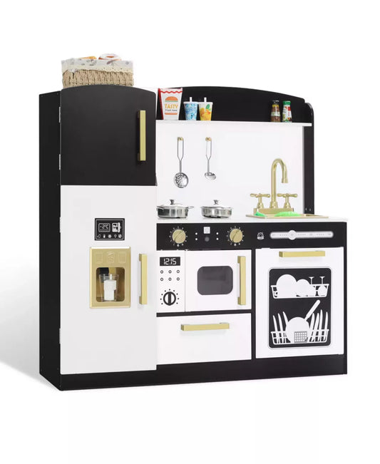 Wooden Pretend Play Kids Kitchen, Toy Kitchen Playset w/Oven, Microwave for Boys Girls Age 3+
