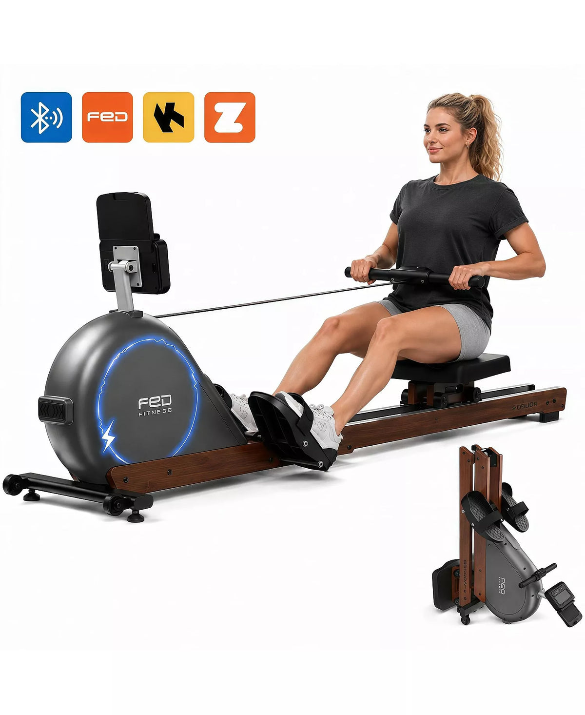 Gen4 Self Powered Rowing Machine, FSC Oak Aluminum Rail, 32 Level Magnetic Foldable Rower with LCD, Bluetooth 400LBS Capacity