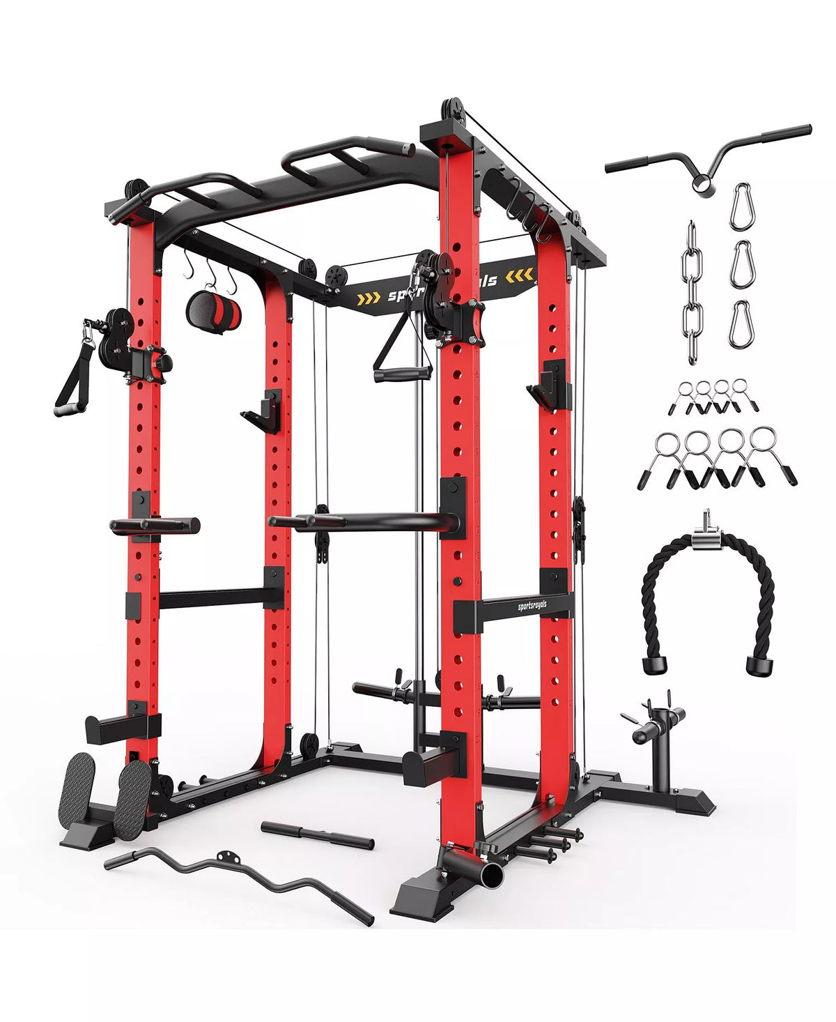 1600LBS Commercial Power Cage, Heavy-Duty Cable Crossover Squat Rack with Full Attachments, All-in-One Home Gym