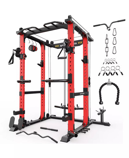 1600LBS Commercial Power Cage, Heavy-Duty Cable Crossover Squat Rack with Full Attachments, All-in-One Home Gym