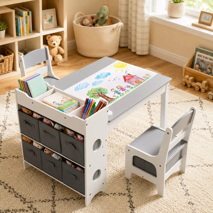 3-in-1 Kids Table and 2 Chairs Set with Storage, Removable Top and Chalkboard for Art, Crafts, and Reading