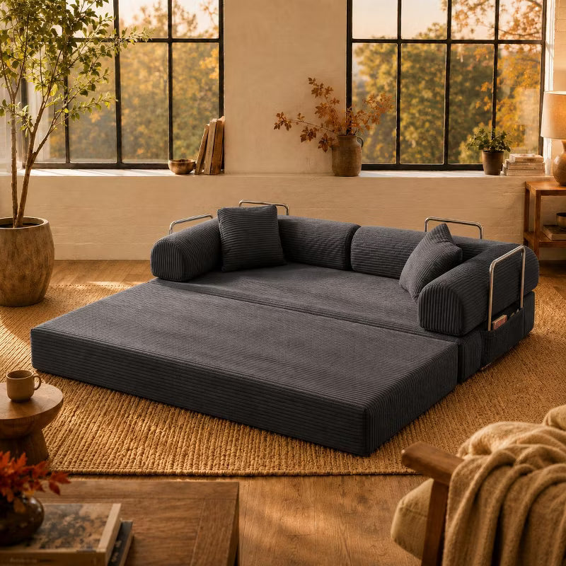 LauKingdom 78.7" Corduroy Convertible Sofa Bed, 3-in-1 Boneless Floor Couch with Foldable Side Rails and Storage Pocket for Living Room and Bedroom