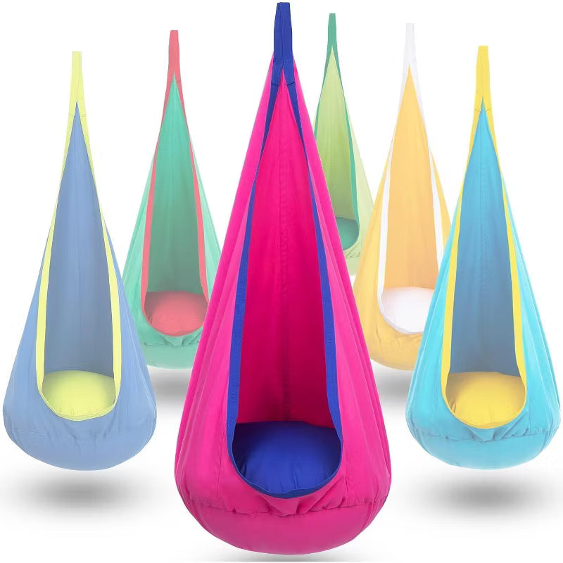 Kids Pod Swing Chair with Inflatable Cushion, Storage Pocket & Hanging Hardware,Blue