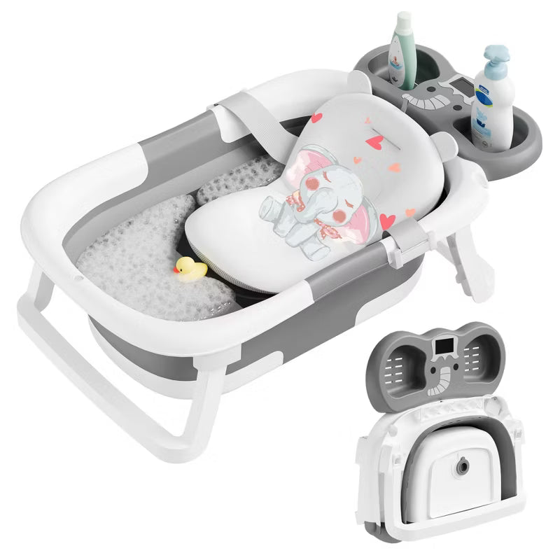 TUMAJUP Foldable Elephant Baby Bathtub for Infants and Toddlers with Soft Cushion and Thermometer-Gray