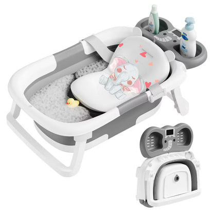 TUMAJUP Foldable Elephant Baby Bathtub for Infants and Toddlers with Soft Cushion and Thermometer-Gray